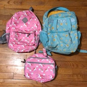 Backpack/lunchbox bundle: pink unicorn backpack and lunchbox, sunflower backpack